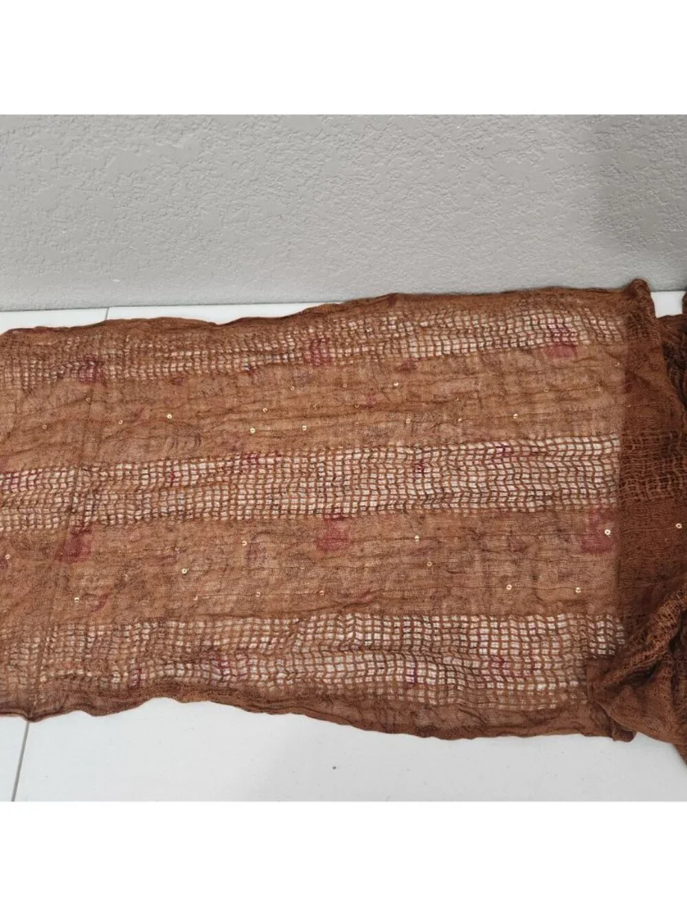 Lightweight Brown Paisley Sequin Scarf With Fringe Detail - Made In India - 100%